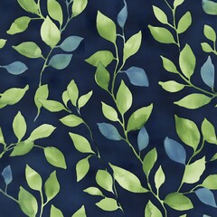 Canvas Print - Watercolor Green Leaves on Navy Blue Background