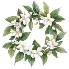 Wall Mural - White Flowers and Green Leaves Wreath