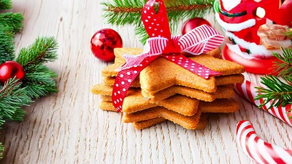 Canvas Print - Stack of homemade gingerbread cookies tied with a red polka dot ribbon, surrounded by holiday decorations and candy canes, evoking warm Christmas memories