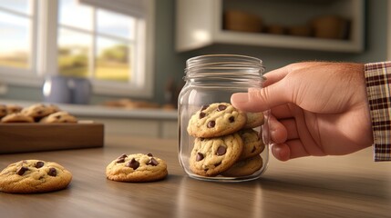 A cozy moment with homemade chocolate chip and oatmeal raisin cookies in a glass jar on a warm kitchen table amidst soft lighting