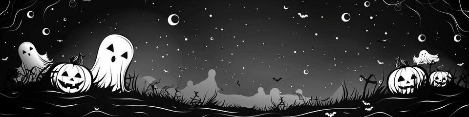 A sleek, minimalist Halloween banner featuring geometric pumpkins and ghosts in a thin frame around the canvas. Monochromatic black and white design