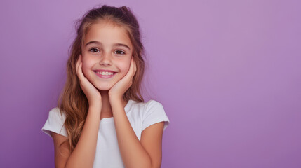 Wall Mural - Portrait of a charming young girl smiling with hands on face against a pastel purple background