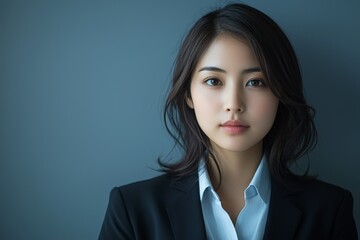 Photo of an attractive Japanese woman in her early wearing business attire,...