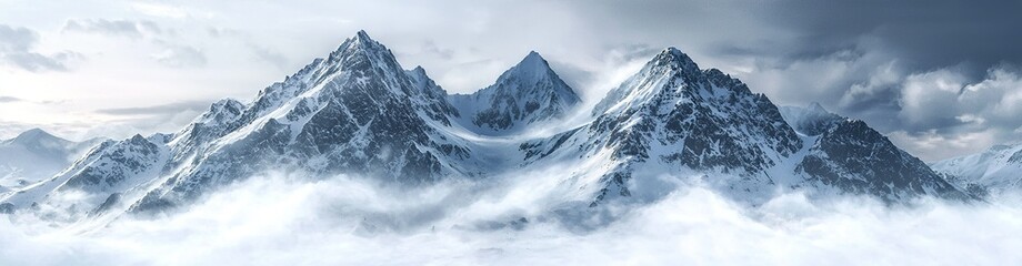 Wall Mural - snowy mountains surrounded by clouds, with a white background and sharp...