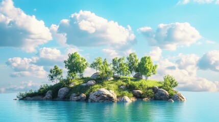 Fantasy travel and vacation backdrop featuring a 3D illustration of a grassy island with trees and rocks set against a blue sky with clouds