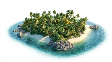 Isolated tropical island on a white background featuring 3D rendering illustration