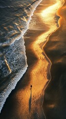 Canvas Print - Golden beach, long-exposure photography, National Geographic-style photo, beautiful golden sand, sunset light, black water, person walking along the shore, aerial view, high-resolution photography 