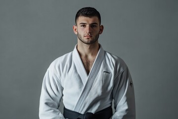 A man in a white karate uniform stands with his arms crossed, generative ai image