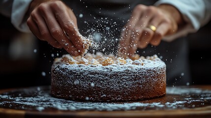 A chef sprinkles powdered sugar over a freshly baked cake on a wooden surface.