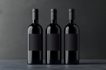 Wall Mural - on an abstract dark background, three black wine bottles with empty blank labels with copyspace for 