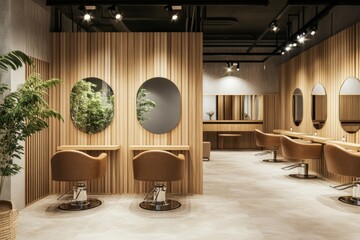 Modern salon interior with elegant wooden accents and comfortable chairs showcasing a tranquil atmosphere for beauty treatments