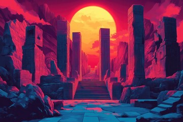 Wall Mural - Ancient Stone Ruins and Staircase Under a Sunset