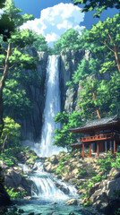 Sticker - Tranquil waterfall cascades down a rocky cliff in a lush forest setting.