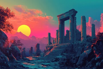 Wall Mural - Ancient Ruins at Sunset with a Mountainous Landscape