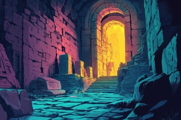 Wall Mural - Stone Archway Leading to a Brightly Lit Passageway