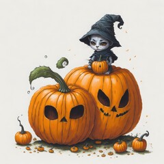 Wall Mural - A charming little phantom on Halloween, orange pumpkins, Watercolor representation