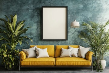 Poster - Modern Living Room Interior with Vertical Frame Mockup and Stylish Yellow Sofa