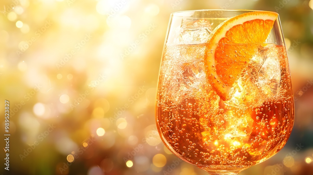Aperol spritz cocktail with an orange slice and ice cubes in a glass on ...