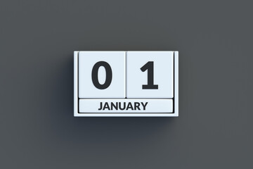 January 1st inscription on a calendar made of blocks on black background. New Year concept. 3d render