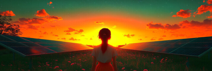 Poster - Young woman stands between rows of solar panels at sunset.