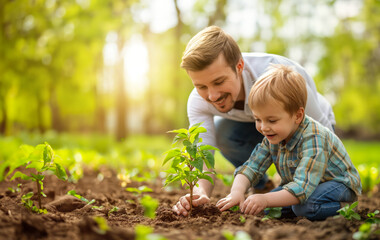 Father and son planting a small tree in garden on a sunny day