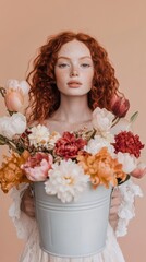 Canvas Print - A woman with freckles holding a bucket of flowers