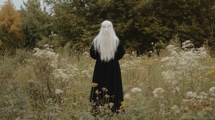 Wall Mural - A woman with long white hair standing in a field