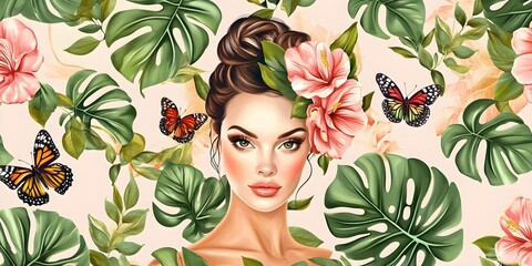 Sticker - Beautiful Woman with Tropical Flowers and Butterflies