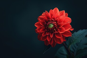 Sticker - Red Dahlia flower with green bud isolated on dark background Beautiful close up