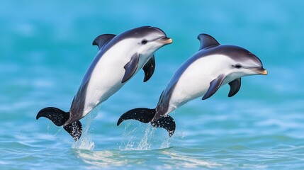 Two Dolphins Jumping in Clear Blue Water