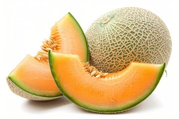 Wall Mural - Single slice of cantaloupe on white background