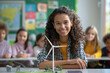 ©  J. GALIÑANES STOCK - 'A student smiling at the camera during her science project presentation, with her classmates in the background. Concept of education, learning, academic exhibition, and school project development.
