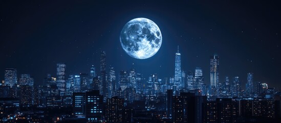 3D rendering of a full moon illuminating an urban skyline at night