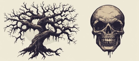 Skull Tree Emblem creative logo design concept 2d illustration