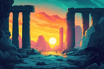 Wall Mural - Ancient Stone Pillars Framing a Sunset Landscape