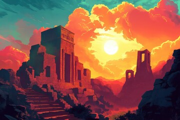 Wall Mural - Ancient Ruins Silhouetted Against a Vibrant Sunset