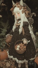 Sticker - A girl in a black dress holding a basket of eggs and a black cat