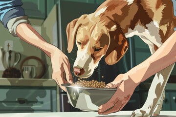 A person is feeding a dog food from a bowl, generative ai image