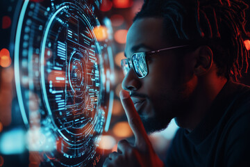 A determined black man intently searching for job opportunities in a futuristic digital workspace, illuminated by vibrant technology