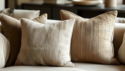 Stylish contemporary living room adorned with decorative textured pillows in earthy tones on a chic beige couch