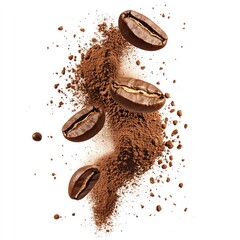 Coffee Beans and Ground Coffee Explosion on White Background - High-Resolution Image for Cafes and Coffee Lovers