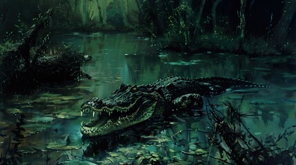 Canvas Print - Alligator Lurking in a Swamp: A Close-Up of a Dangerous Predator