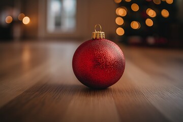 Wall Mural - Red christmas ball on wooden floor with bokeh background.
