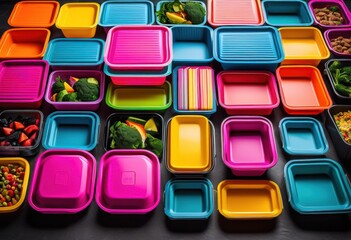 colorful eye catching meal prep containers displayed vibrant arrangement convenient food storage organization, kitchen, design, healthy, nutrition, plastic