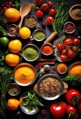 Wall Mural - vibrant food graphics featuring diverse cooking culinary styles eye catching visual experience, ingredients, utensils, colorful, fresh, vegetables, fruits