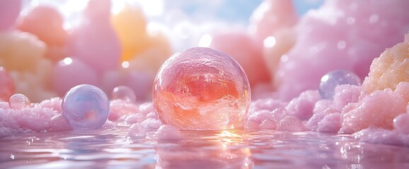 Wall Mural - A serene scene of colorful bubbles floating on a soft, fluffy surface.