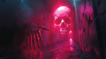 Wall Mural - A dark, surreal corridor featuring glowing skulls and a skeletal hand.