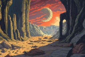 A vast canyon stretches out beneath a vibrant red sky and a giant yellow moon