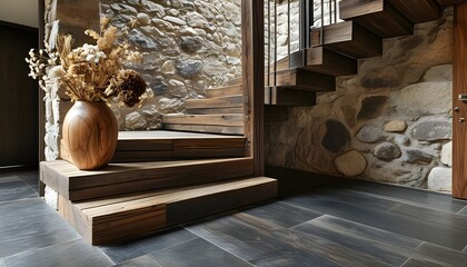 Wall Mural - Charming Rustic Entrance Hall Featuring Wood and Stone Staircase with Dried Flowers and Wooden Accents