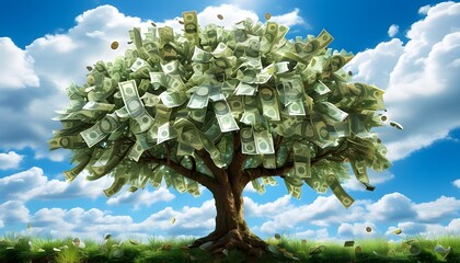 Tree of Prosperity: Currency Leaves Flourishing Under a Clear Blue Sky